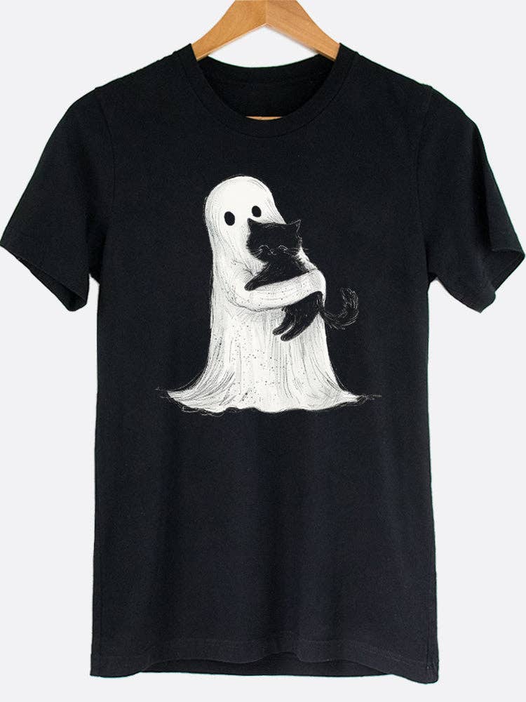 Ghost Hugging Cute Black Cat Halloween Graphic Tee Shirt