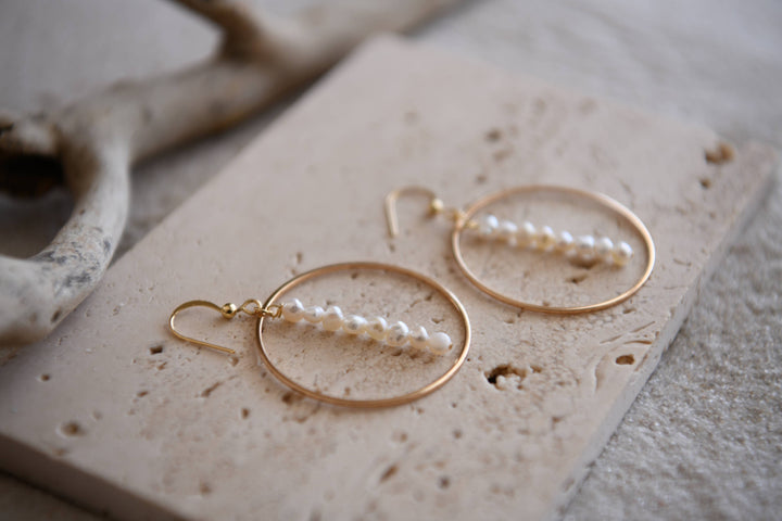 Hepburn Pearl or Gold Beaded Drop Hoop Earrings