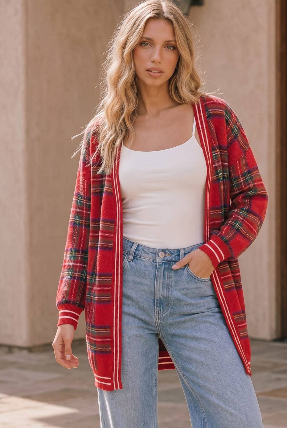 Red Plaid Open Front Knit Cardigan