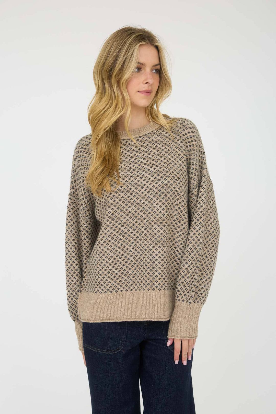 MINI JACQUARD CREW NECK LONG SLEEVE KNIT SWEATER