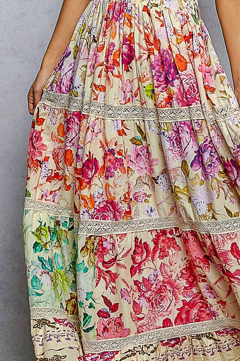 Feminine V-neck Smocked Waist Ruffle Floral Maxi Dress