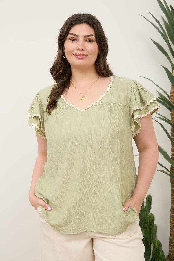 Wavy Trim Ruffle Sleeve Woven Top