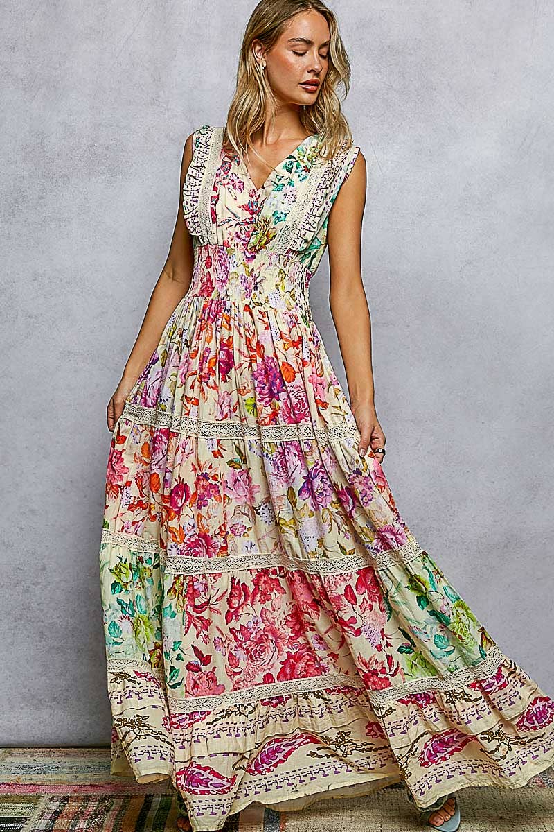 Feminine V-neck Smocked Waist Ruffle Floral Maxi Dress