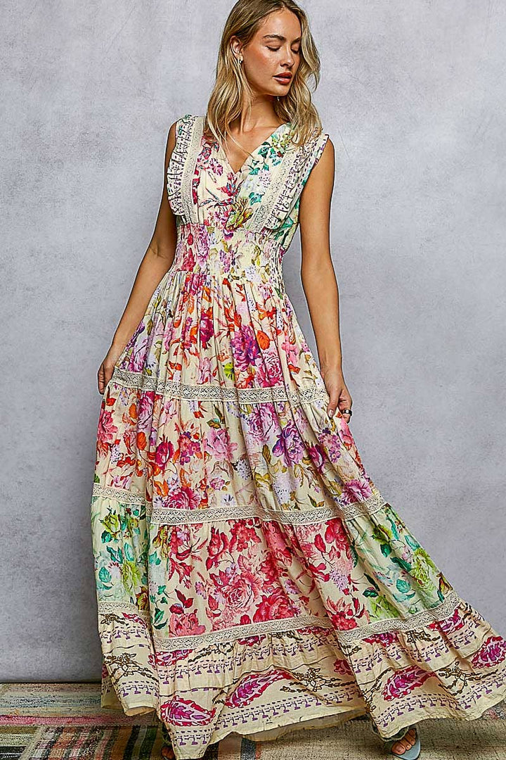 Feminine V-neck Smocked Waist Ruffle Floral Maxi Dress