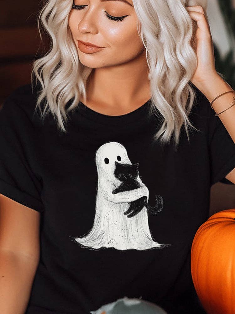 Ghost Hugging Cute Black Cat Halloween Graphic Tee Shirt