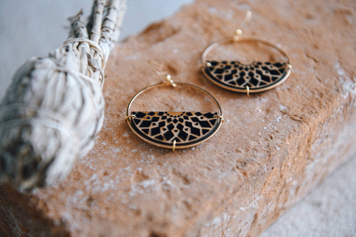 Gold Plated Half Moon and Wood Earrings