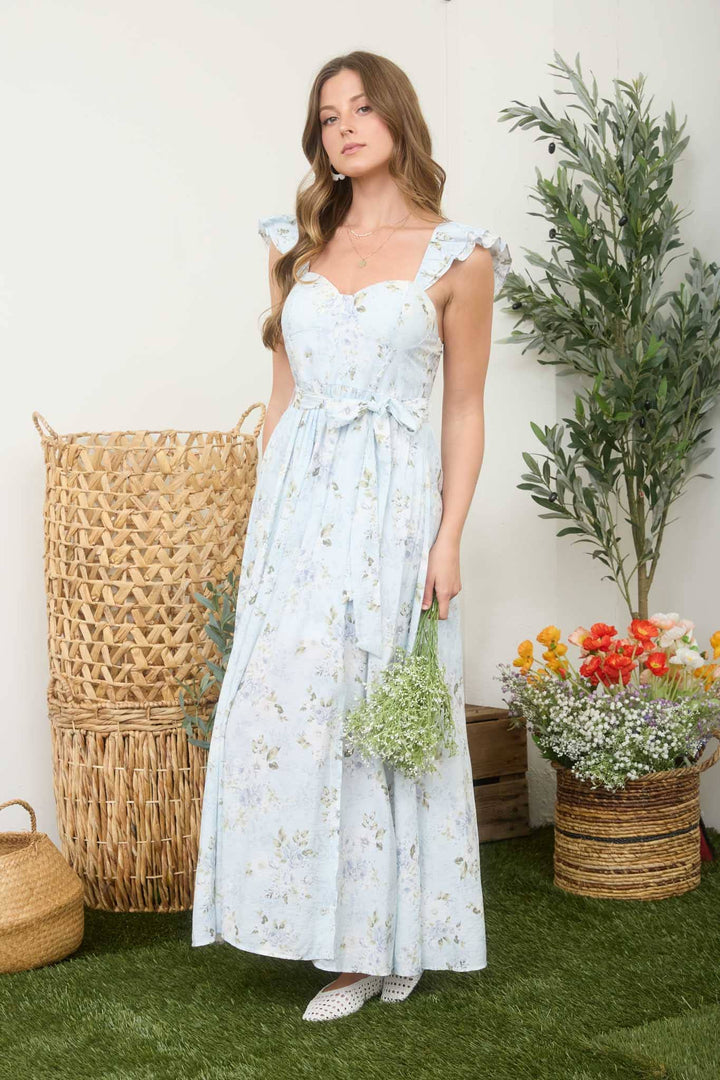 blue floral corset maxi dress