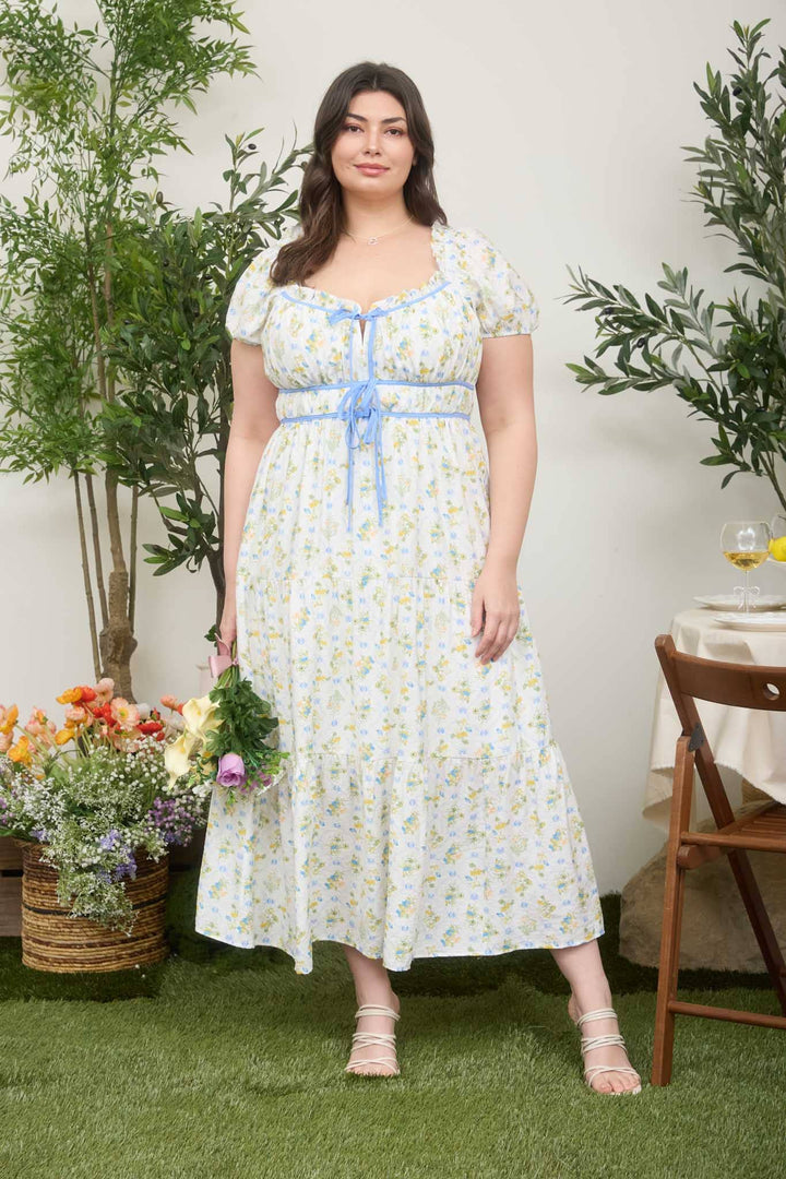 Floral Tile Tie-Front Midi Dress (Plus)