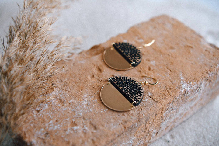 Gold Plated Half Moon and Wood Earrings