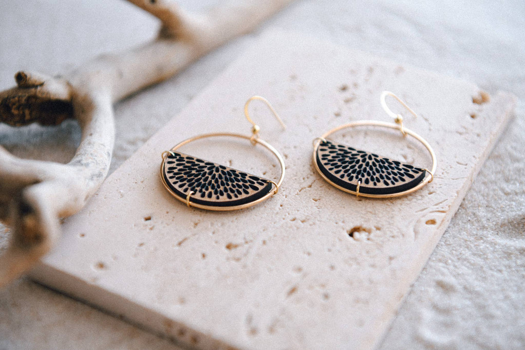 Gold Plated Half Moon and Wood Earrings