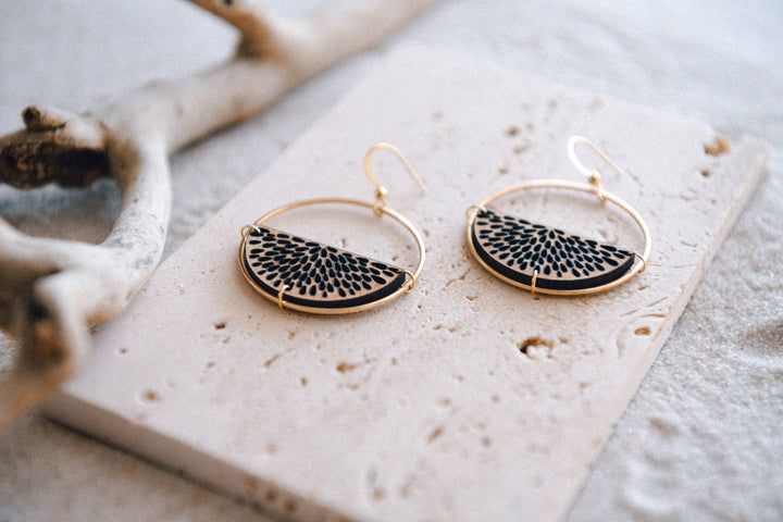 Gold Plated Half Moon and Wood Earrings