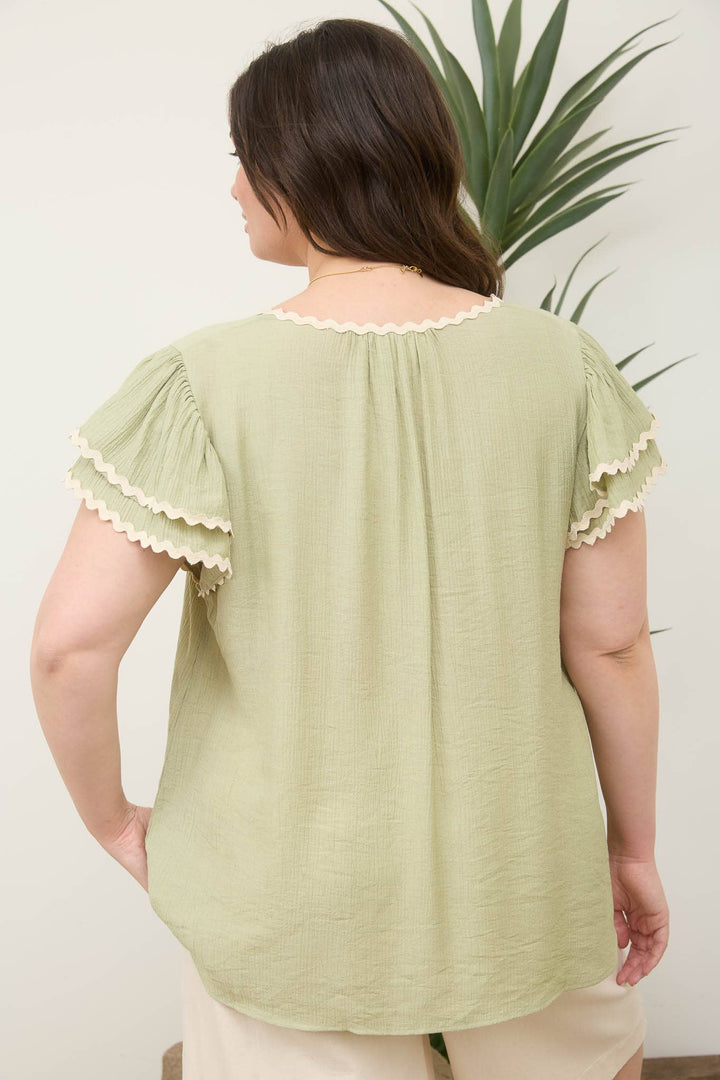 Wavy Trim Ruffle Sleeve Woven Top