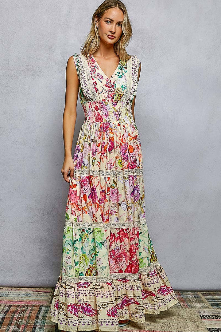 Feminine V-neck Smocked Waist Ruffle Floral Maxi Dress