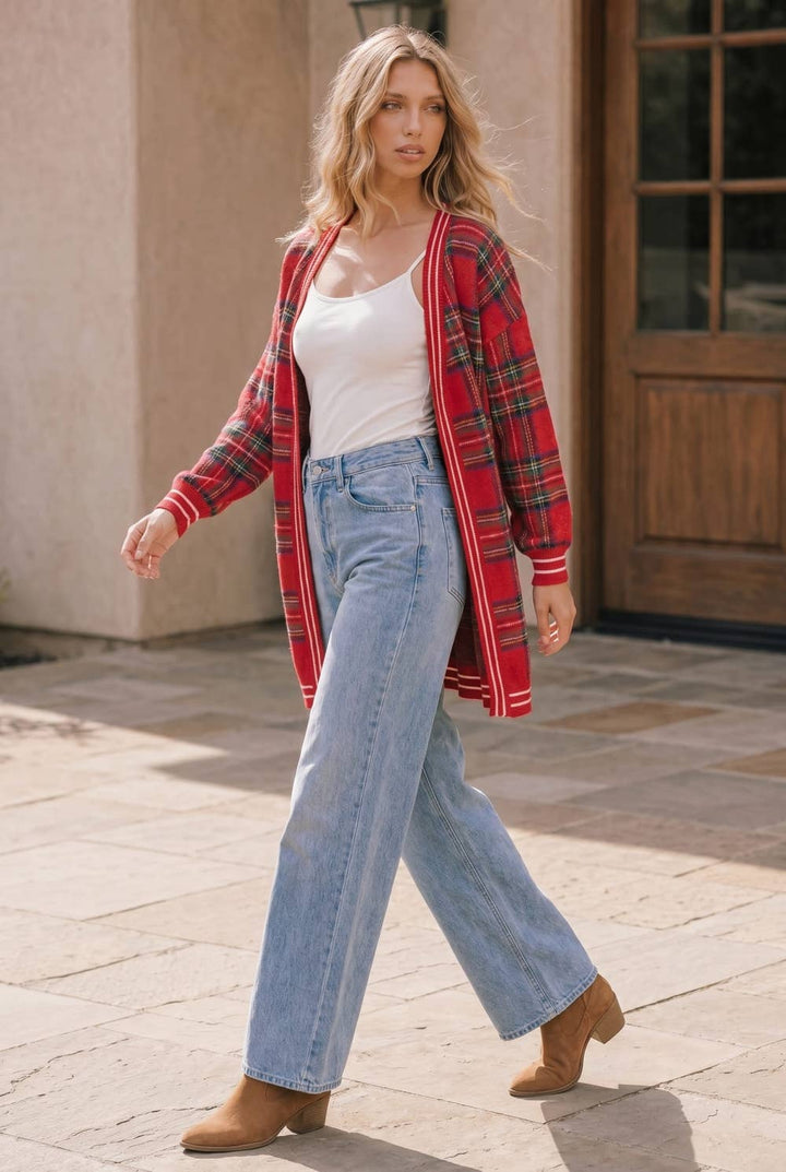Red Plaid Open Front Knit Cardigan