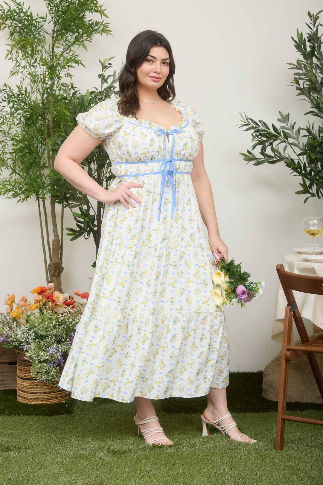 Floral Tile Tie-Front Midi Dress (Plus)