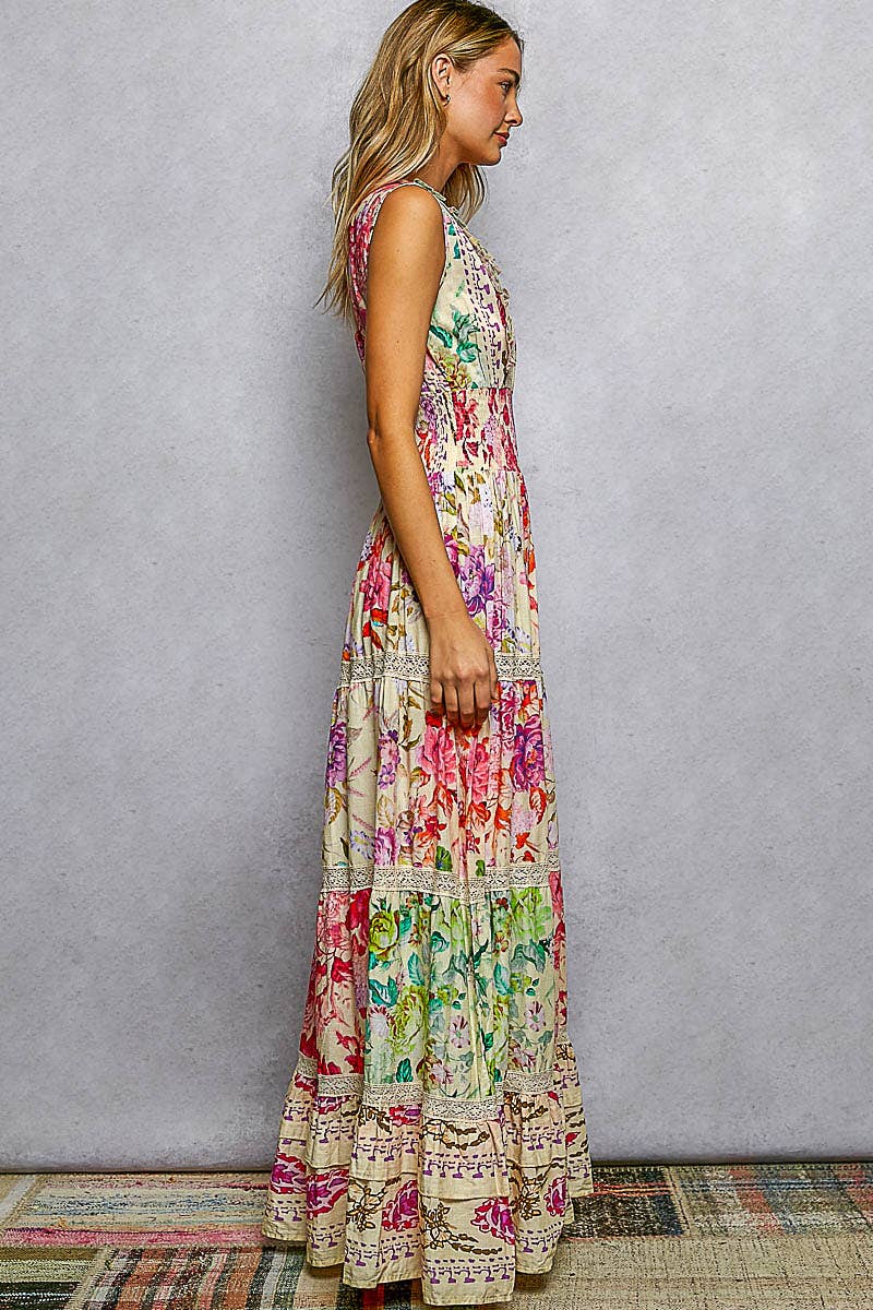Feminine V-neck Smocked Waist Ruffle Floral Maxi Dress