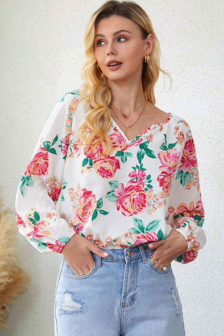 Double Take Floral Notched Neck Long Sleeve Blouse
