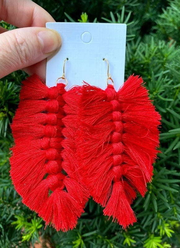 Red Macrame Leaf Earrings