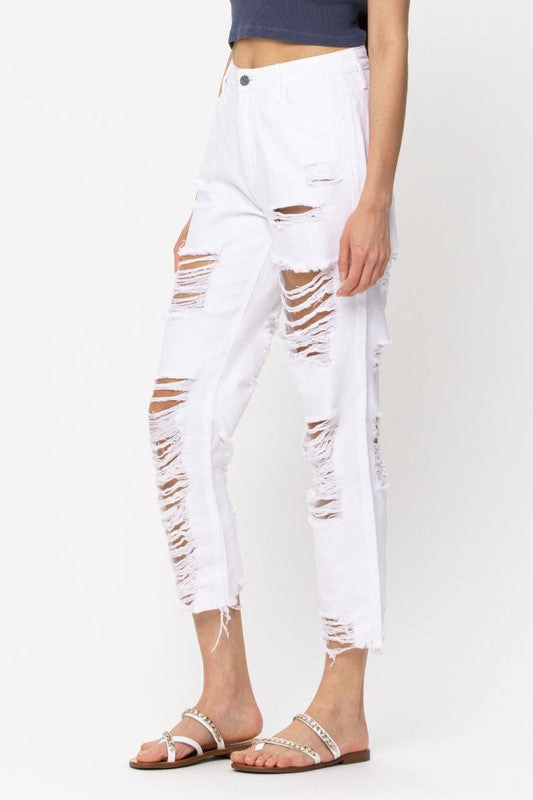 High Rise Distress Straight Fit White
