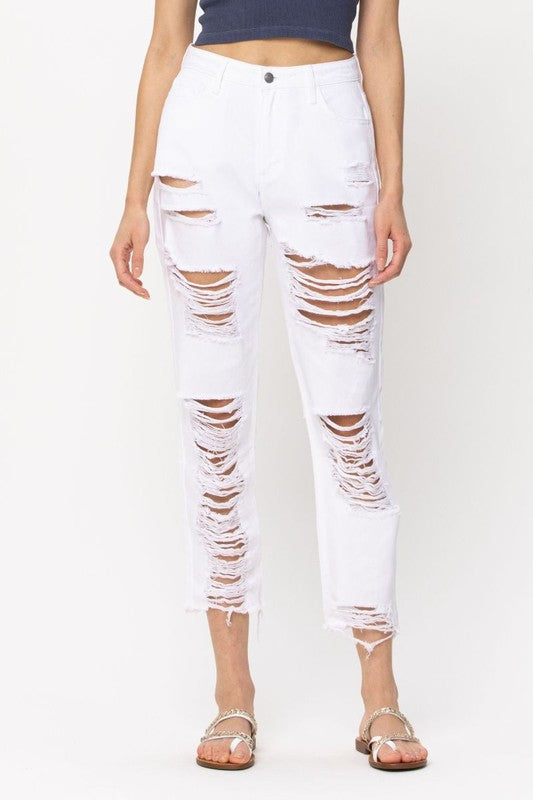 High Rise Distress Straight Fit White