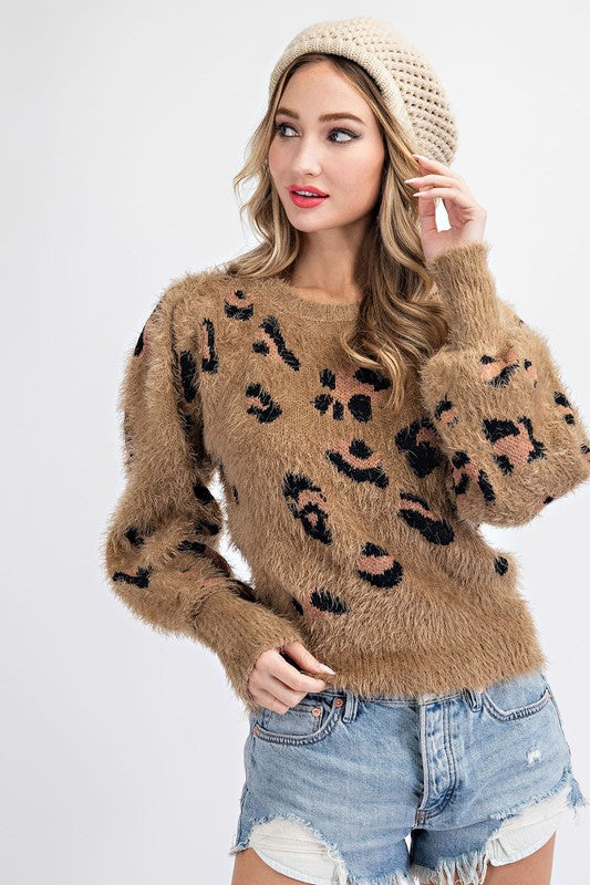 fuzzy animal print sweater - brown