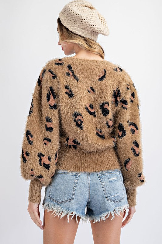 fuzzy animal print sweater - brown