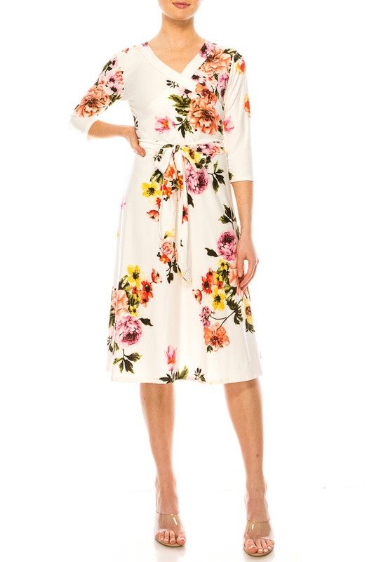 Floral print, faux wrap dress with deep V-neck