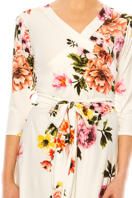Floral print, faux wrap dress with deep V-neck