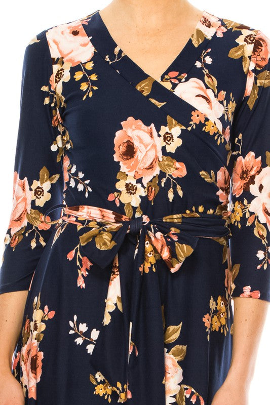 Floral print faux wrap dress with deep V neck