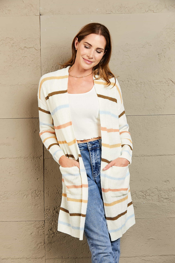 Woven Right Striped Rib-Knit Open Front Pocketed Cardigan