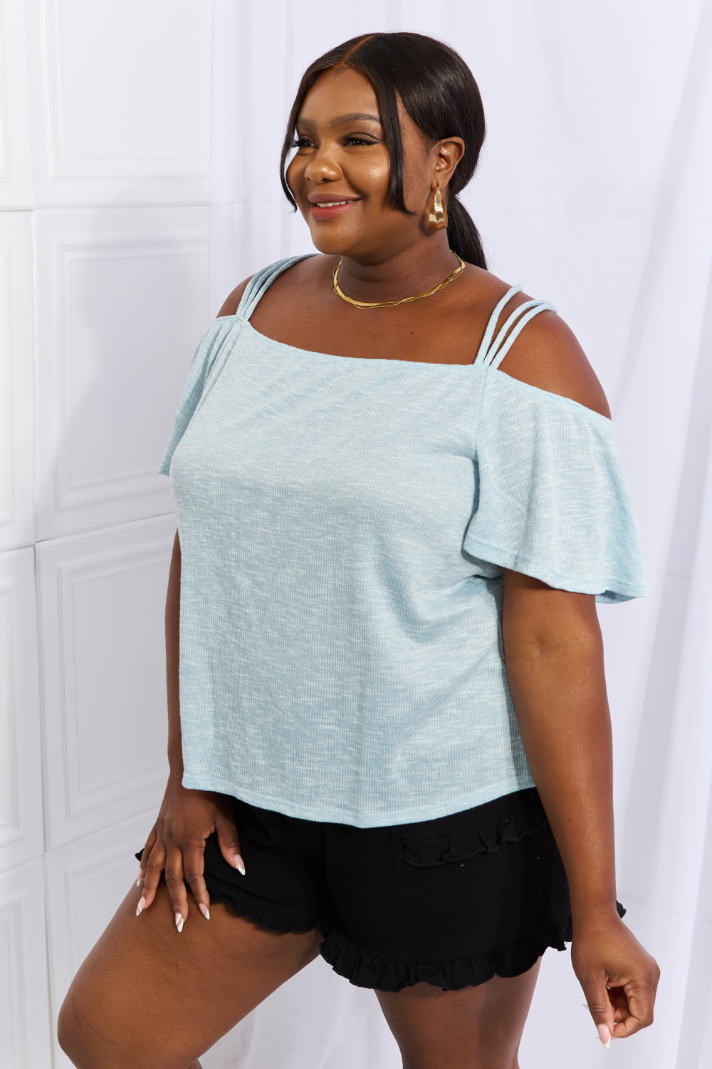 On The Move Off The Shoulder Flare Sleeve Top in Ice Blue