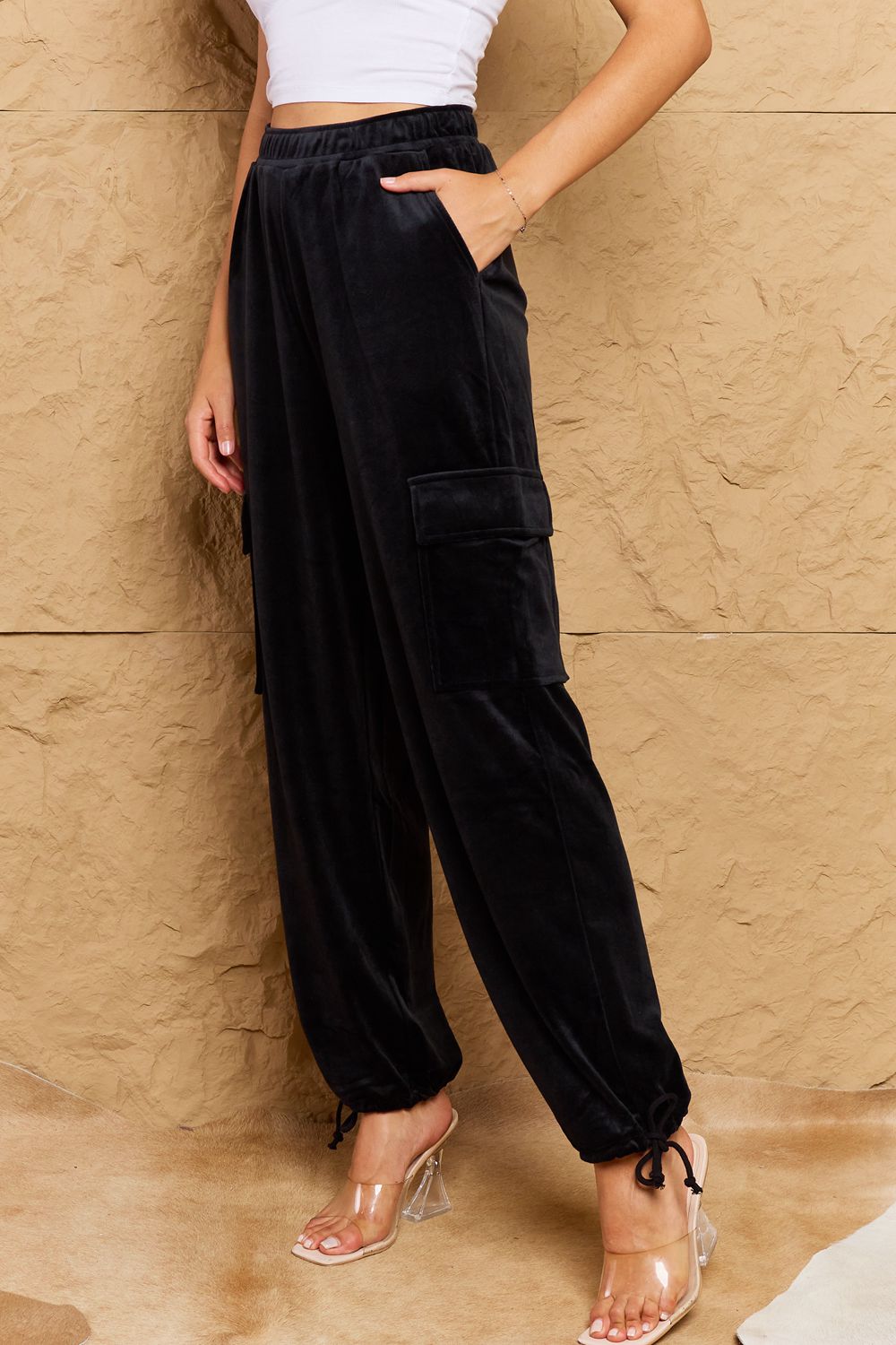 Chic For Days High Waist Drawstring Cargo Pants in Black
