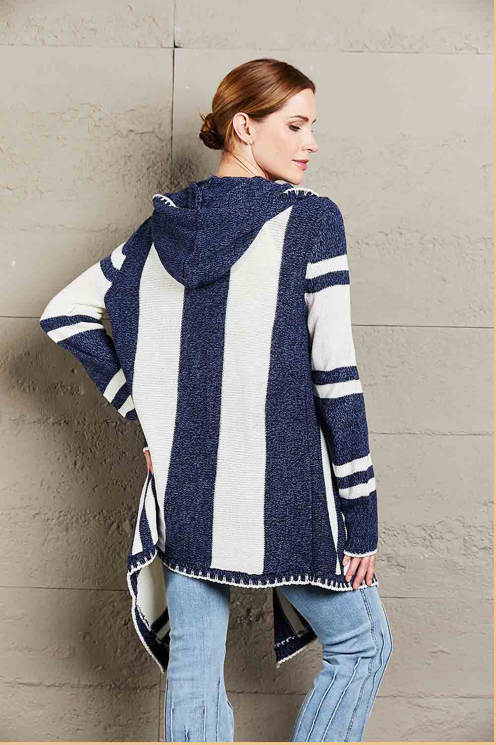 Woven Right Striped Open Front Hooded Cardigan