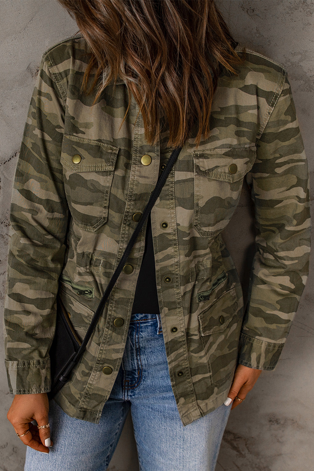 Double Take Camouflage Snap Down Jacket