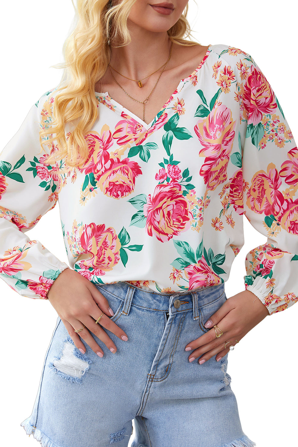 Double Take Floral Notched Neck Long Sleeve Blouse