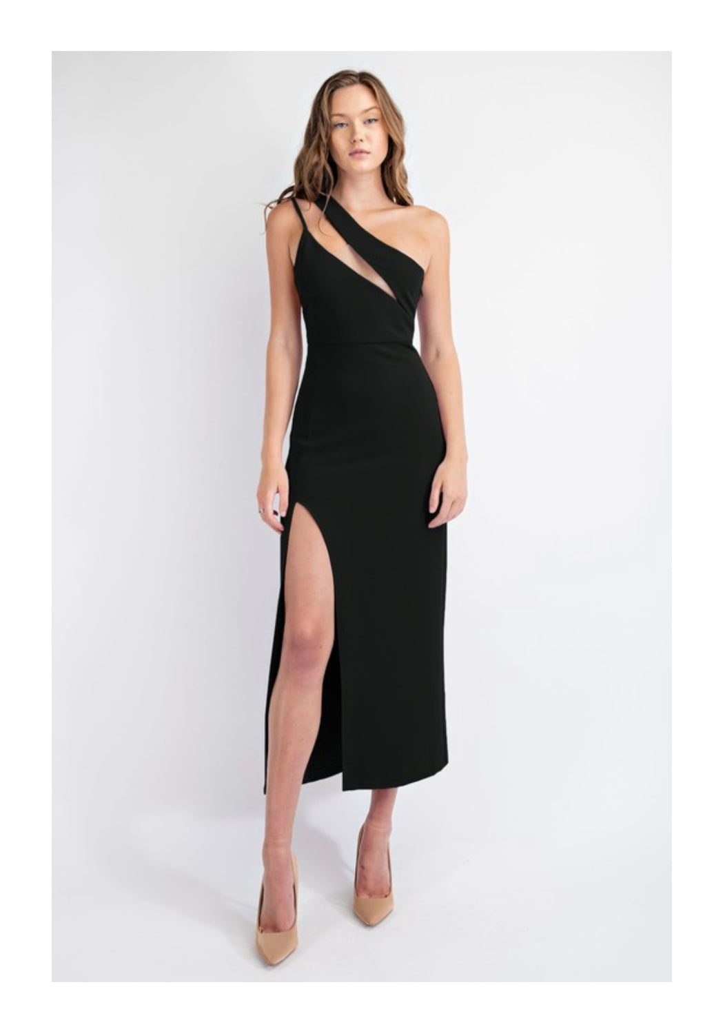 one shoulder long dress with mesh insert - black